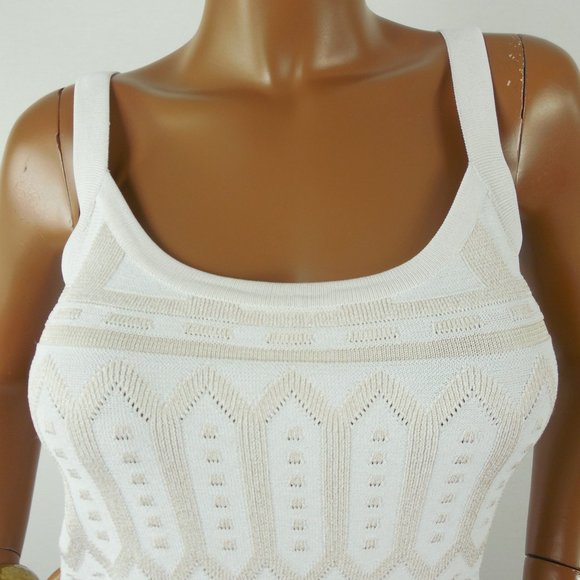 WHITE HOUSE BLACK MARKET Top L Stretch Knit Tank Shirt Ivory/Tan Sleeveless - Picture 4 of 10